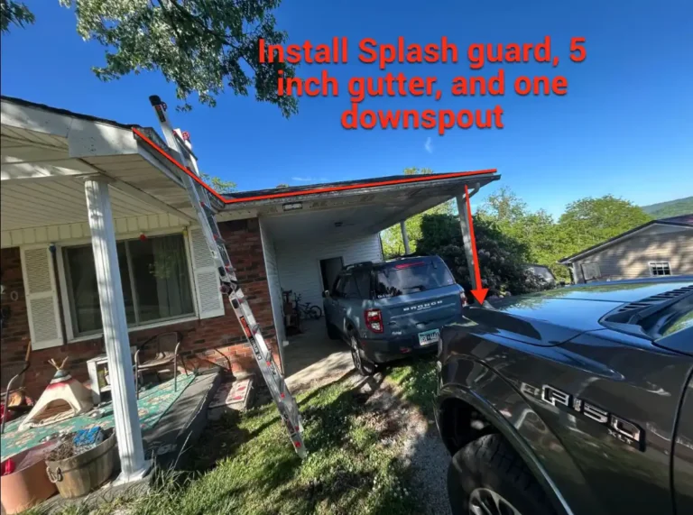 Carport area with planned 5-inch gutter, splash guard, and downspout installation by Daniel Hood Roofing.