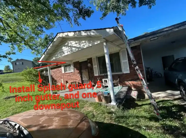Front elevation showing new 5-inch gutter and splash guard installation recommended by Daniel Hood Roofing.
