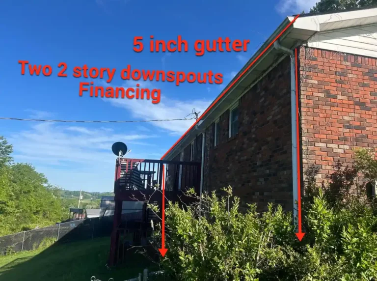 New 5-inch gutter system with two-story downspouts proposed for improved drainage by Daniel Hood Roofing.