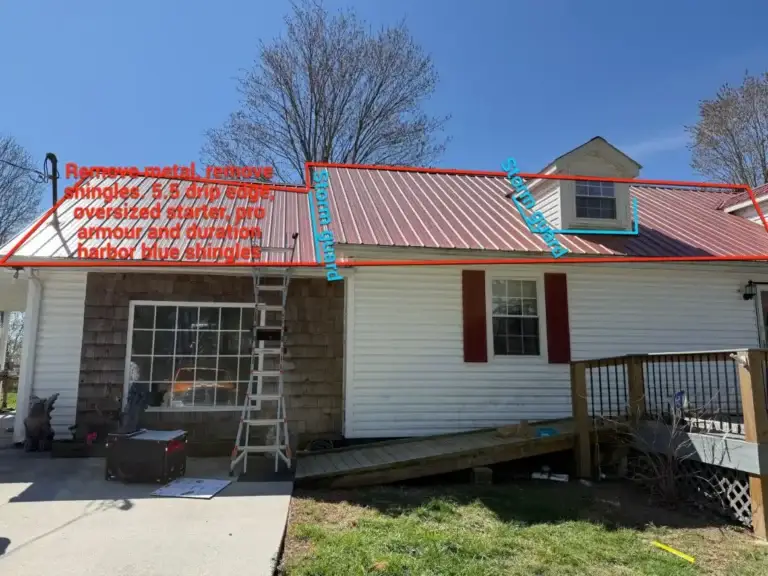Roofing plan outlining metal roof removal, StormGuard underlayment installation, and new shingles by Daniel Hood Roofing Systems in Caryville, TN.