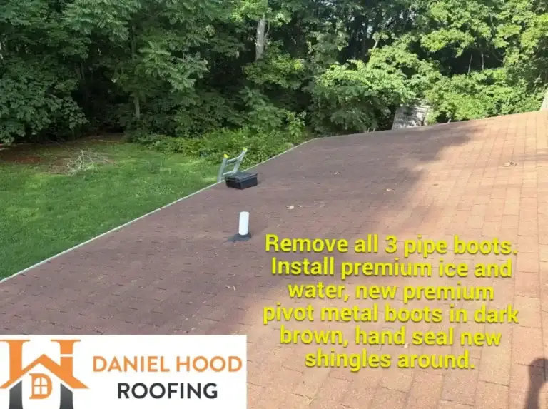 Asphalt shingle roof with three pipe boots scheduled for replacement with premium pivot metal boots.