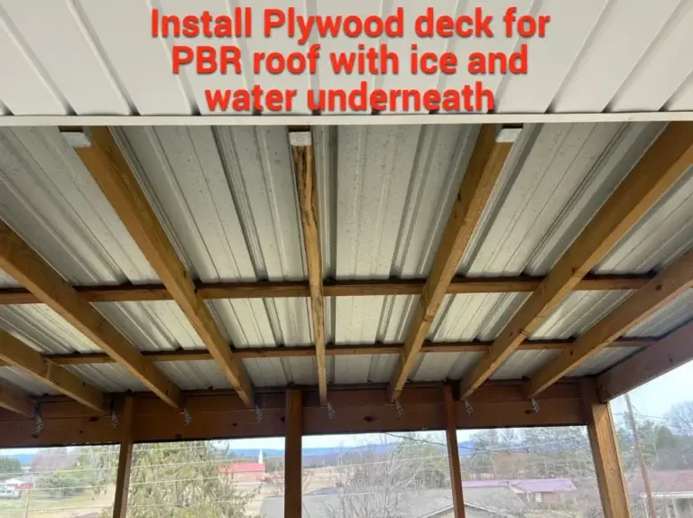 Daniel Hood Roofing Systems adding plywood decking with ice and water shield beneath a PBR metal roof for improved protection and durability.
