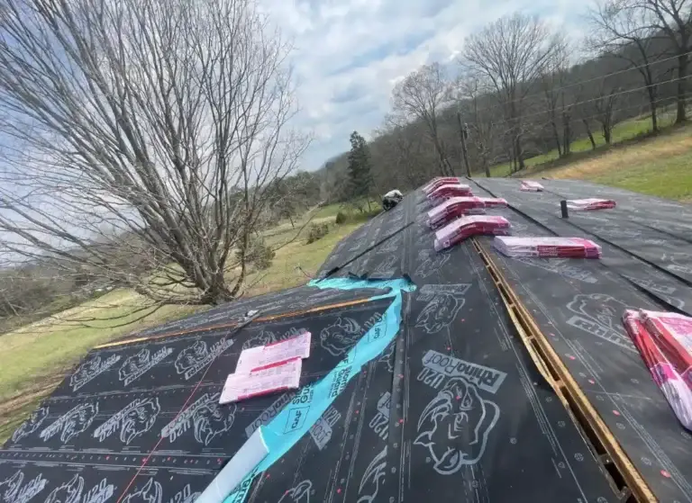 RhinoRoof underlayment installed across roof surface before asphalt shingle installation