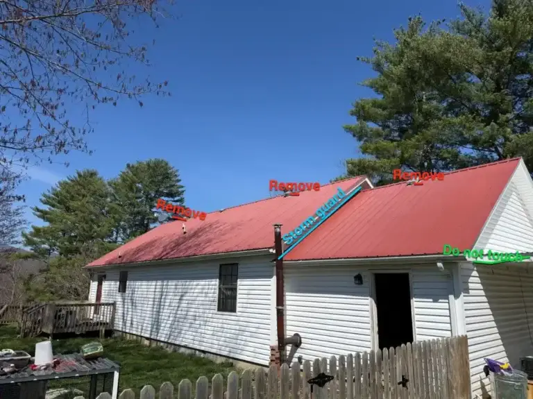 Roof inspection showing sections marked for removal and StormGuard protection recommendations by Daniel Hood Roofing Systems.