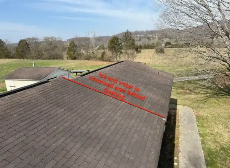 Roof inspection showing ice and water shield recommended behind warm wall flashing during roof replacement