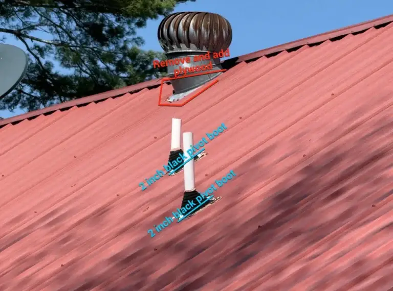 Close-up of roof penetrations with new 2-inch black pivot pipe boots and ventilation repairs in Caryville, TN.