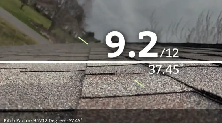 Roof pitch factor measurement displaying a 9.2/12 slope and 37.45-degree angle on dimensional shingles.