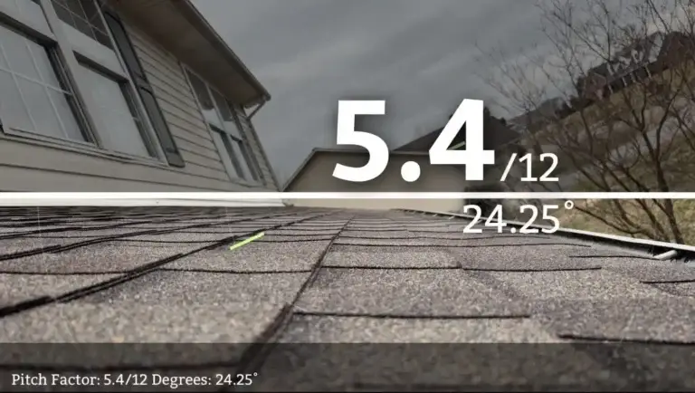 Roof pitch measurement showing a 5.4/12 slope and 24.25-degree angle on a shingle roof.