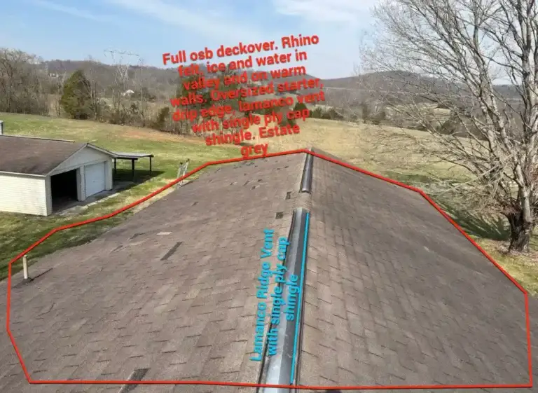 Roof replacement scope showing new decking, ice and water shield, ridge vent, and starter shingles