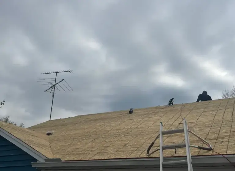 Residential roof replacement with new roof sheathing installed across the entire roof surface