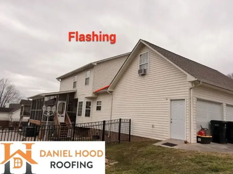 Exterior view of a residential home with highlighted roof-to-wall flashing details inspected by Daniel Hood Roofing.
