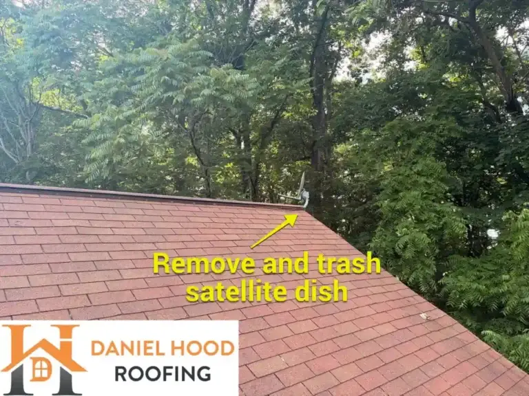 Existing satellite dish on the roof scheduled for removal and disposal during roof repairs.
