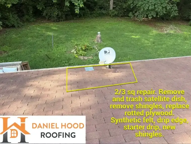 Roof section marked for satellite dish removal and replacement of rotted plywood with new shingles.