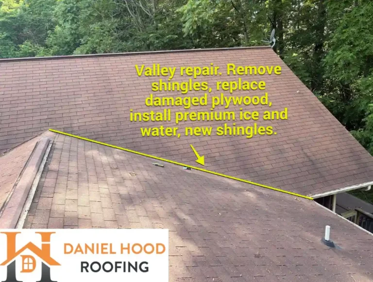 Roof valley repair area with damaged shingles and plywood scheduled for replacement and new ice and water protection.