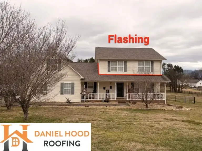 Front view of a home with highlighted wall flashing areas inspected by Daniel Hood Roofing.