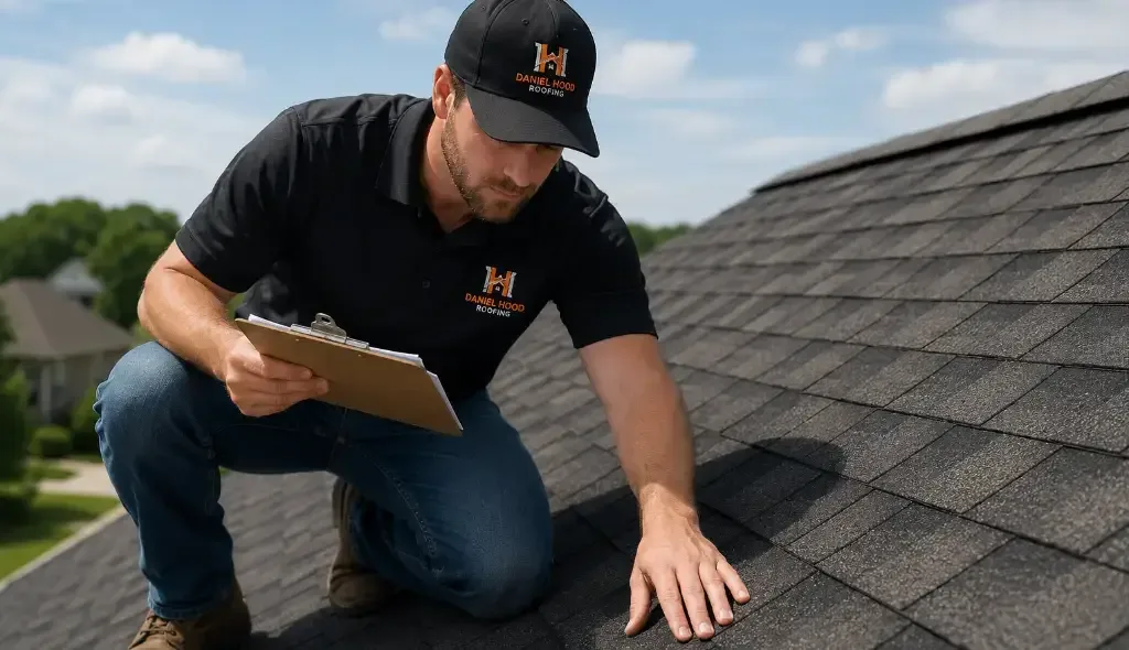 Daniel Hood Roofing contractor inspecting asphalt shingles with a clipboard during a professional residential roof inspection.