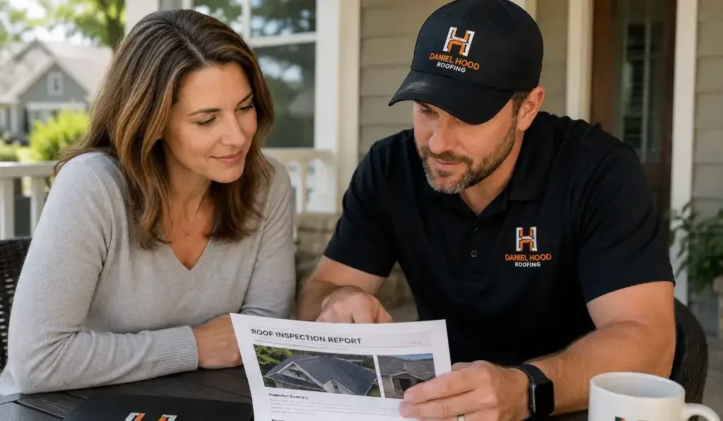 Daniel Hood Roofing contractor reviewing a professional roof inspection report with a homeowner before discussing insurance claim options.