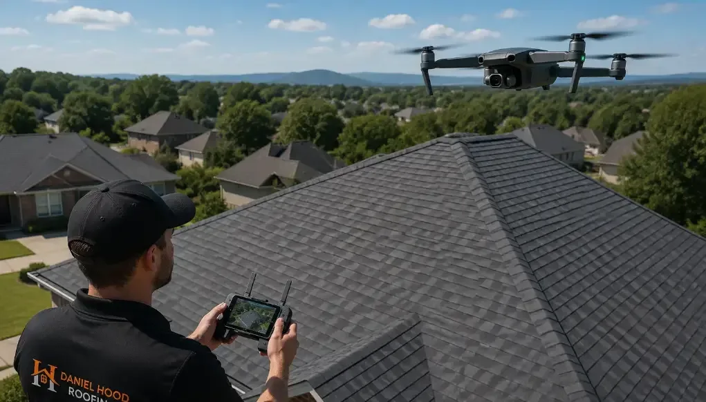 Drone roof inspection by Daniel Hood Roofing capturing detailed aerial images to assess roof condition and identify damage.