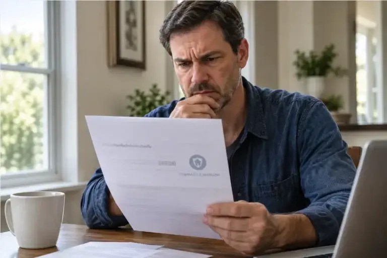 Homeowner reading an insurance roof replacement letter at home before contacting Daniel Hood Roofing for a professional roof inspection.